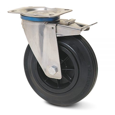 неръждаема Индустриални Въртящо се колело със спирачка за колички Черна гума с Полиамид джанта  и Без лагер Планка