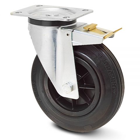 поцинкована Индустриални Въртящо се колело със спирачка за колички Черна гума с Полиамид джанта  и Без лагер Планка